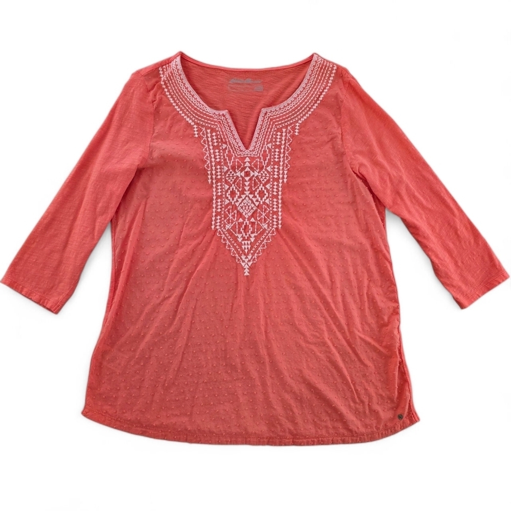 Eddie Bauer Women’s XL Coral Pink Boho Embroidered 3/4 Sleeve Cotton Tunic Top